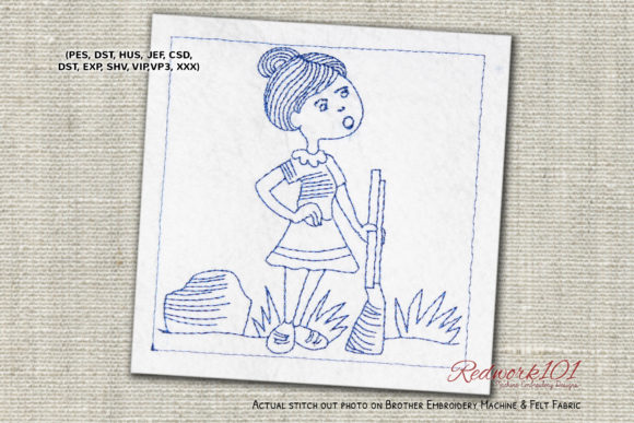 Female Hunter with Gun Redwork